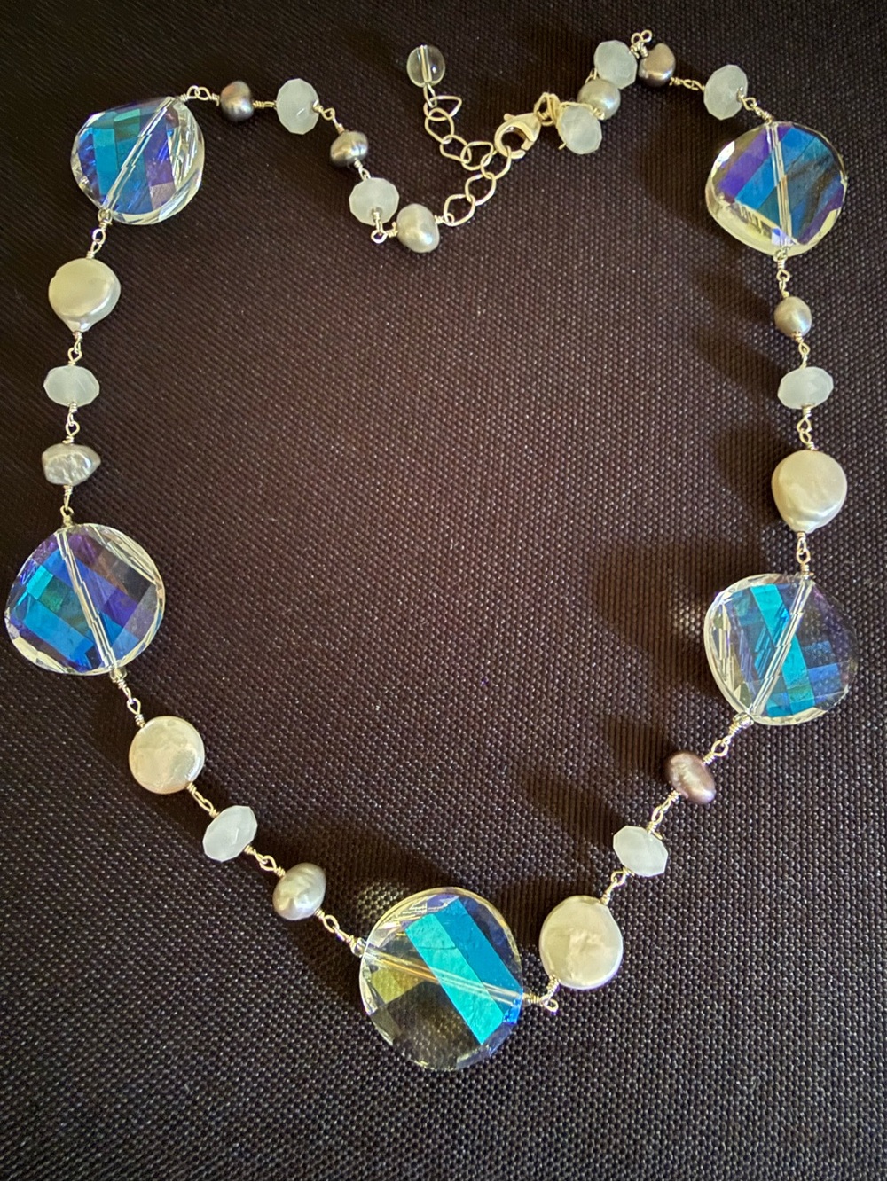 925 Sterling Silver Aurora Borealis Crystal Freshwater Pearl Statement Necklace